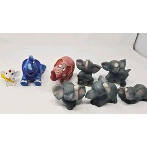 Vtg Homco Porcelain Ceramic Baby Elephants set of 8 Good Luck Raised Trunks